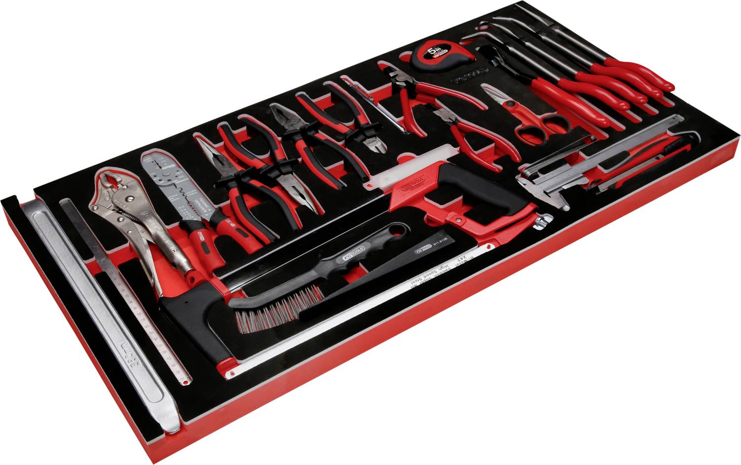 Un ensemble d'outils comprenant divers instruments manuels, tels que des pinces, des tournevis et des scies, soigneusement rangés dans un tiroir.