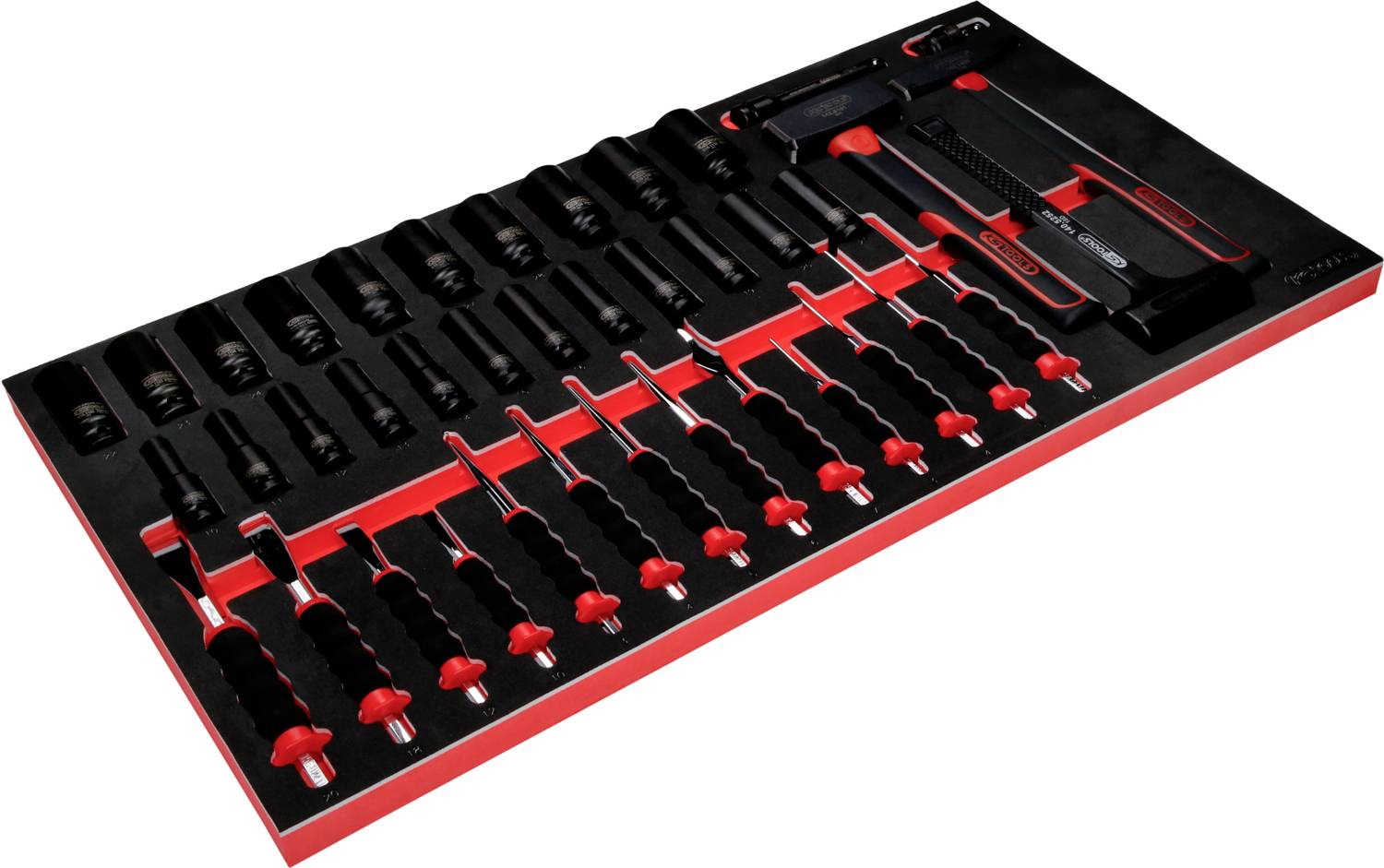 Un ensemble d'outils comprenant différents tournevis et clés à douille, rangés dans un support en mousse, organisés et facilement accessibles.