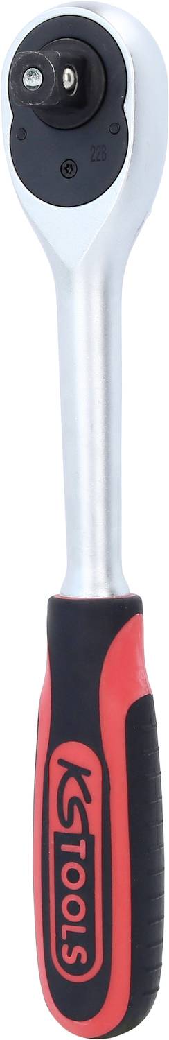 Clé à cliquet avec poignée ergonomique, manche argenté et design de poignée noir et rouge. Adaptée aux travaux mécaniques.