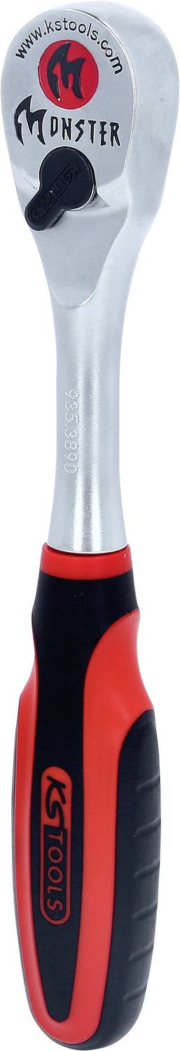 Un outil à main avec une poignée rouge et noire. En haut se trouve une tête de cliquet argentée portant l'inscription 'MONSTER'.
