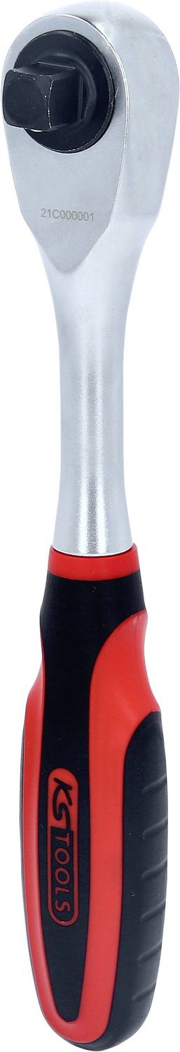 Une clé à cliquet en argent avec une poignée ergonomique rouge et noire, adaptée pour serrer ou desserrer des vis et des écrous.