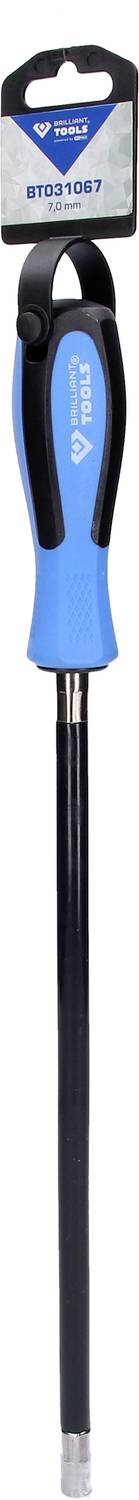 Un tournevis avec une poignée bleu-noir, fixé à un accroche-carton, logo de marque visible.