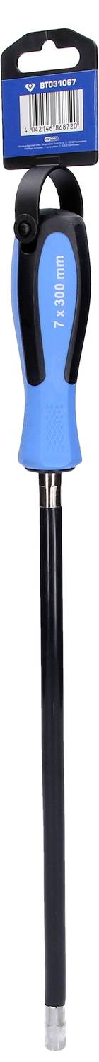 Allumeur de gaz bleu avec poignée noire, crochet de suspension et buse noire allongée, adapté pour un allumage en toute sécurité.