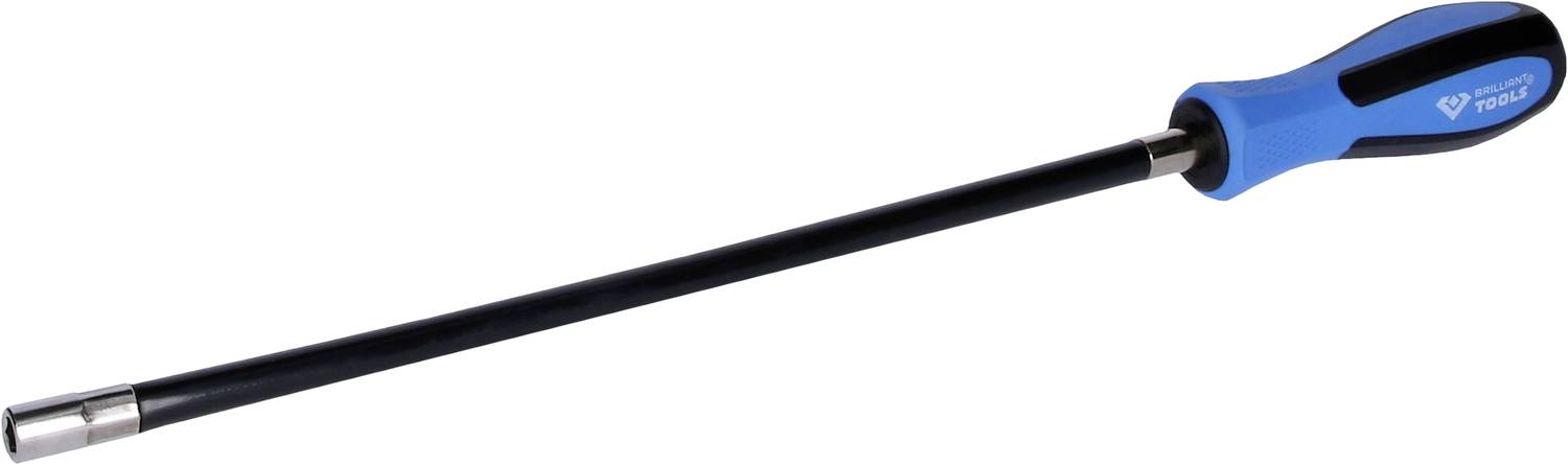 Tournevis long à tige flexible avec poignée bleu et noir, adapté pour atteindre des endroits difficiles d'accès.