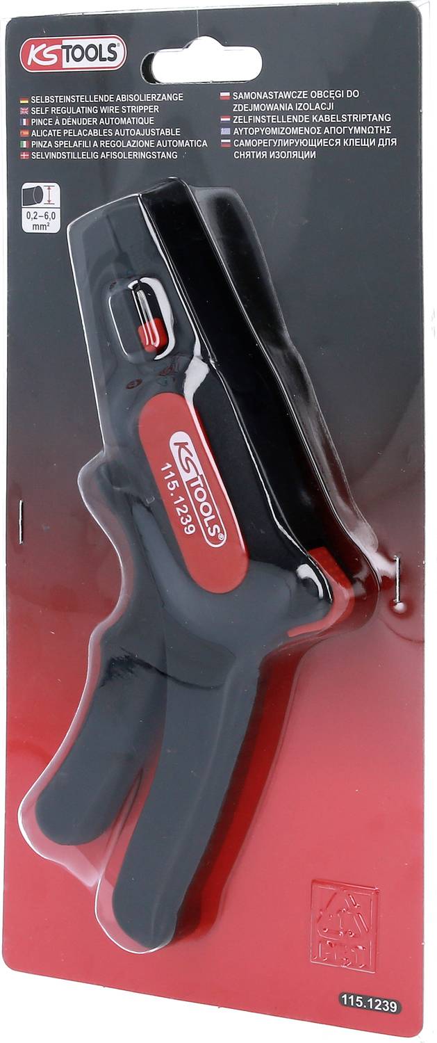 Pince en emballage plastique de KS Tools, modèle 115.1239, rouge et noir, adaptée aux colliers de serrage à usage unique, sur fond gris.