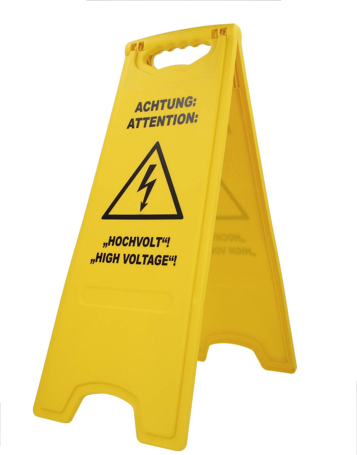 Panneau d'avertissement jaune avec un symbole de foudre et le texte 'Attention : Haute tension ! High Voltage !'. Avertit du danger électrique.