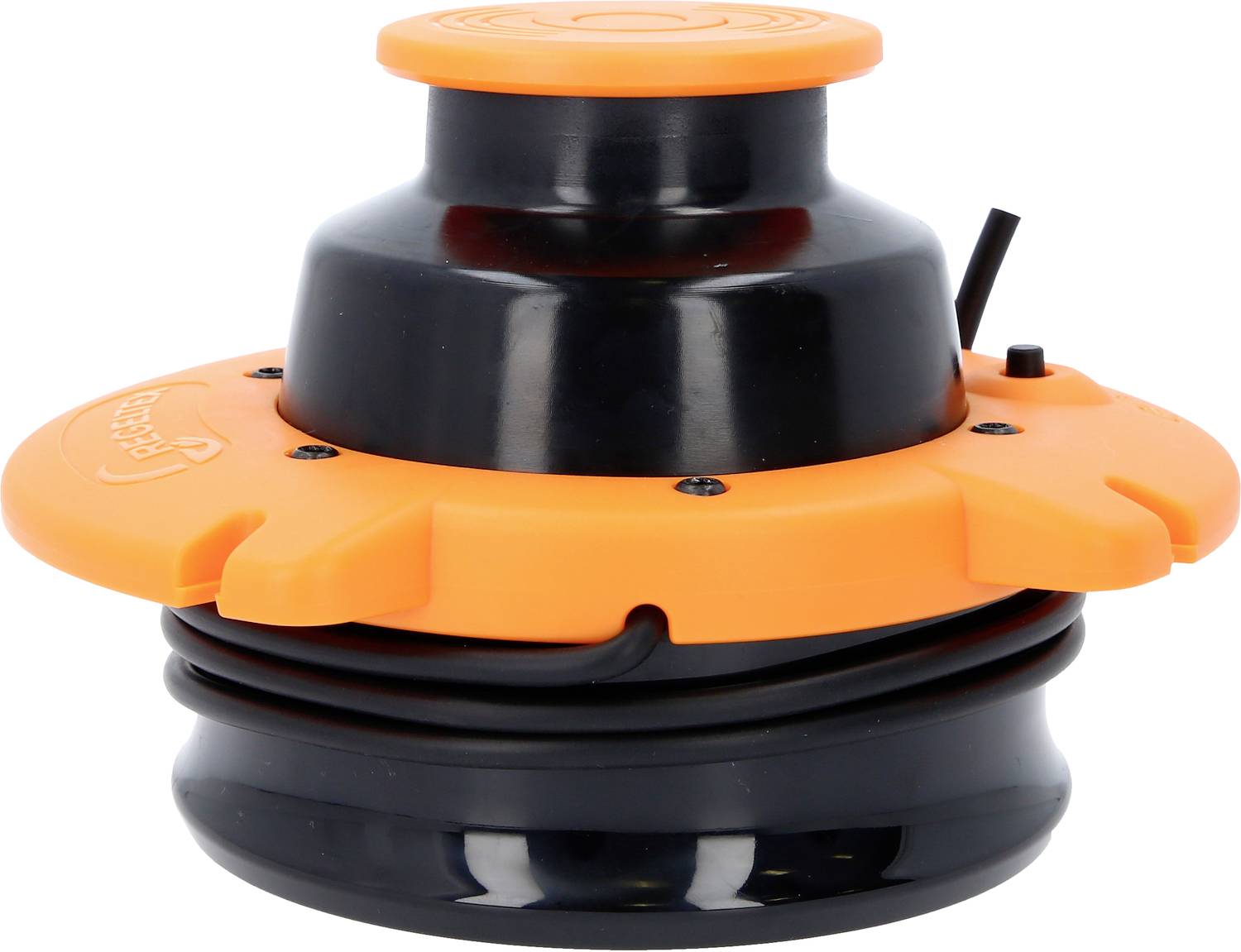 Un appareil électrique orange et noir au design rond avec un câble, probablement un accessoire de nettoyage ou un outil de récurage.