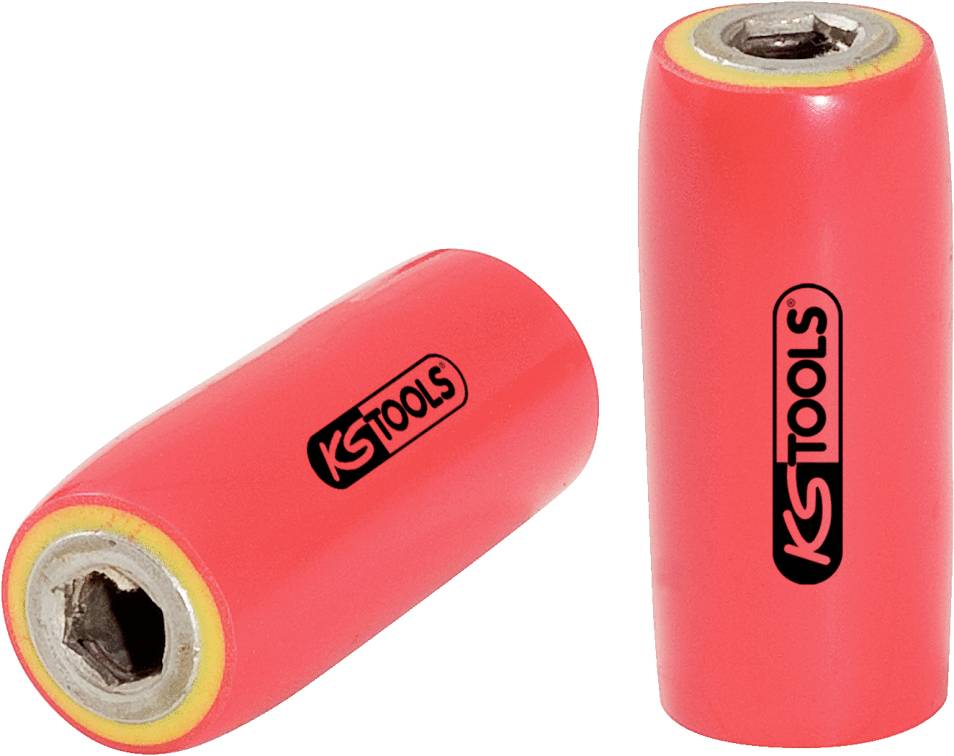 Deux manchons de retrait rouges avec ouverture hexagonale et logo 'KS Tools', positionnés verticalement et à plat, adaptés aux outils.