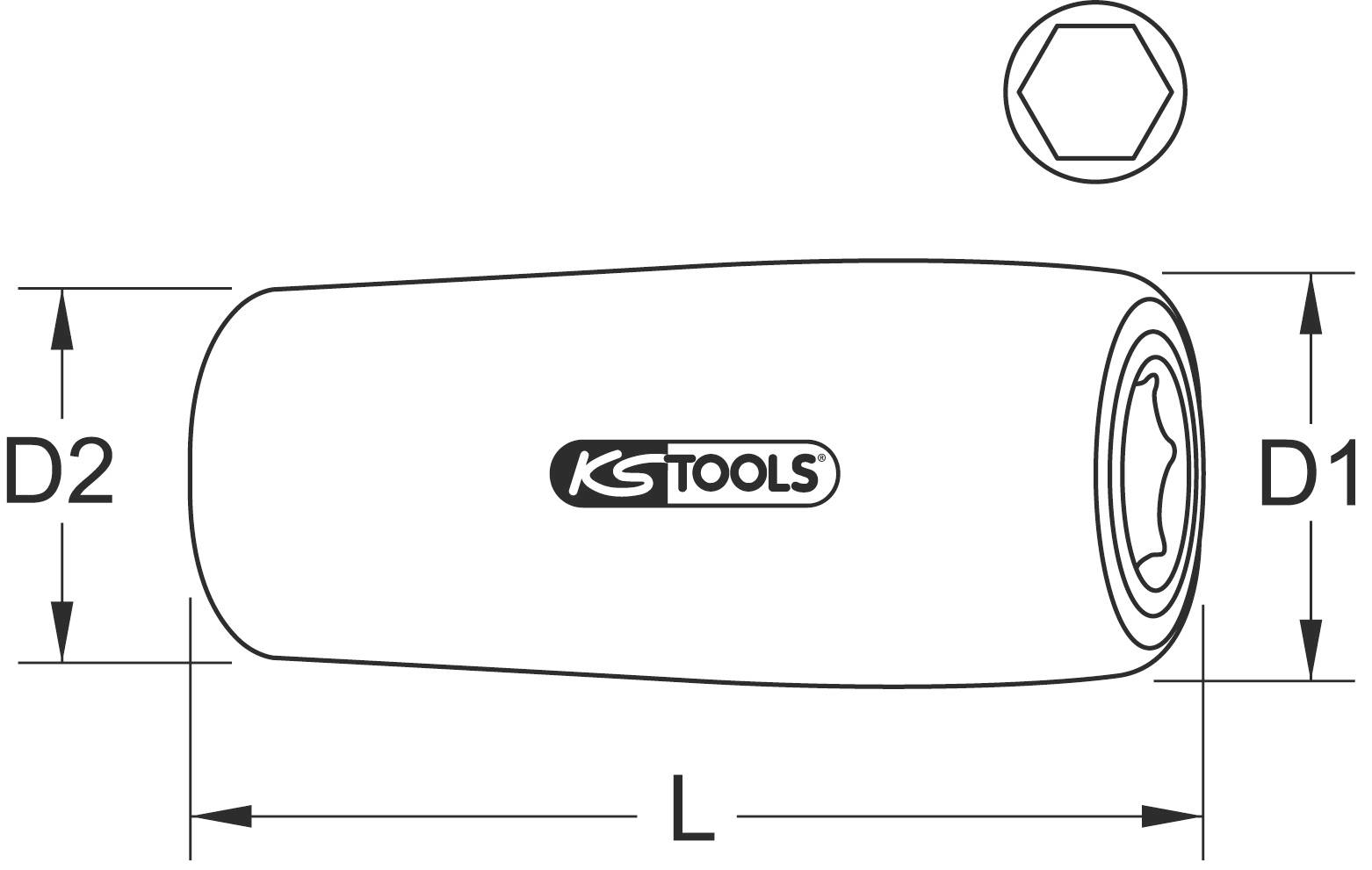 Illustration d'une clé à douille KS Tools avec les dimensions D1, D2 et L. Profil hexagonal représenté en haut à droite.
