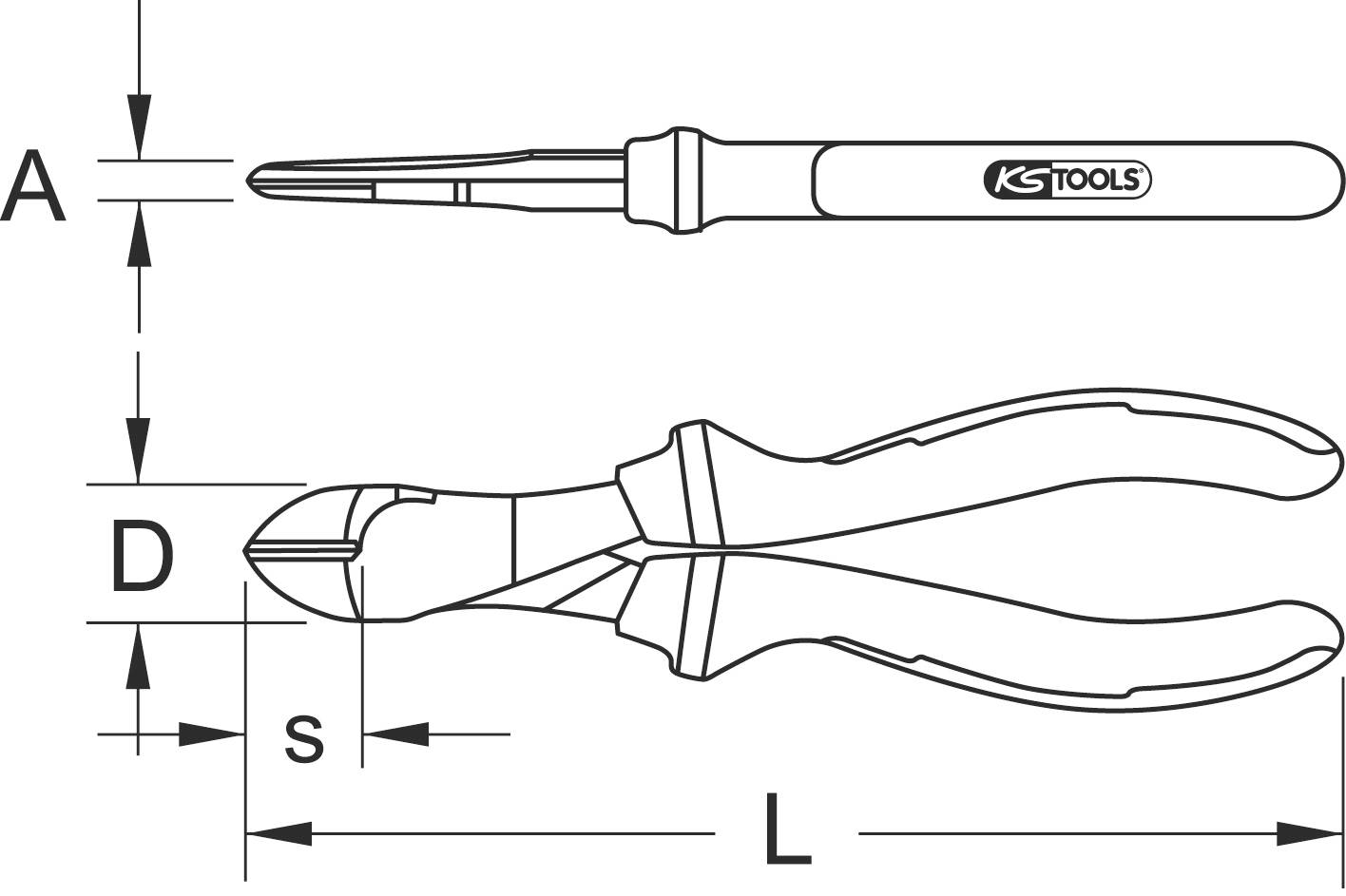 'Dessin technique d'outils : Pince coupante latérale et pince. Dimensions : A, D, S, L. Marque : KS Tools.'