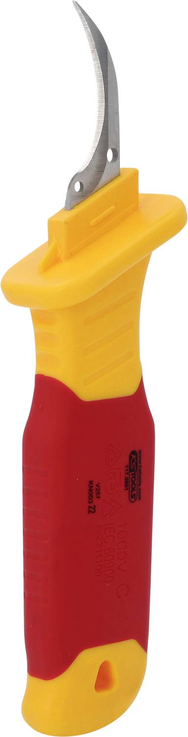 Couteau d'électricien avec manche jaune et rouge isolé et lame courbée, adapté aux travaux de dénudage de câbles.