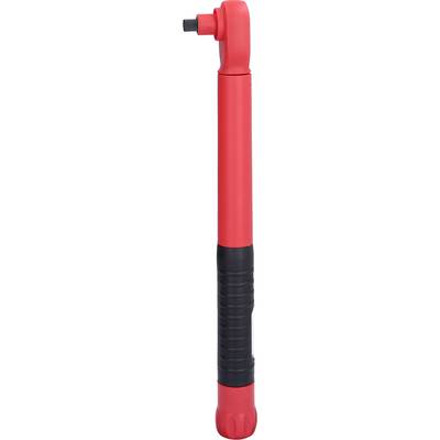 Pompe à air manuelle compacte rouge et noire avec raccord coudé pour gonfler les pneus de vélo. Design compact pour les déplacements.
