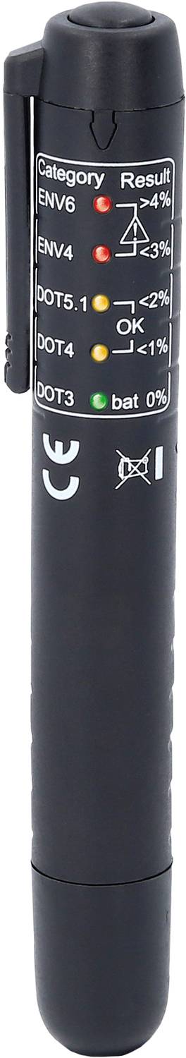 Un testeur numérique de liquide de frein avec affichage LED pour différentes catégories et état de la batterie. Indique les pourcentages de teneur en eau.