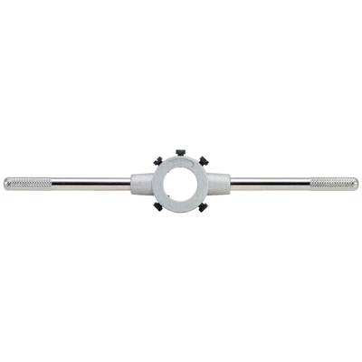Tarière en acier à deux poignées, utilisée pour réaliser des filetages externes sur des barres métalliques.