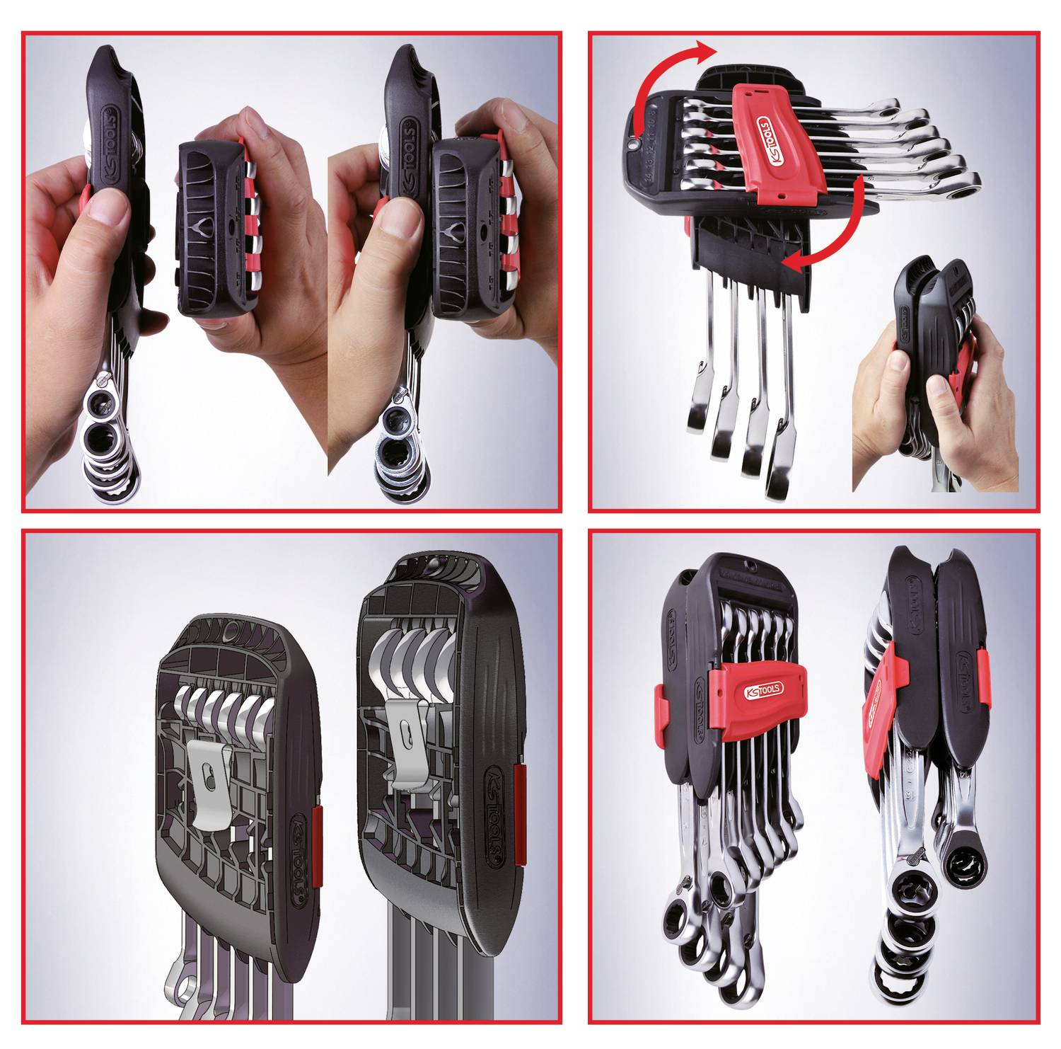Un porte-outils avec des clés à cliquet et des clés plates. Les images du haut montrent comment le support s'ouvre et se ferme. En bas, le support est visible sous différents angles.