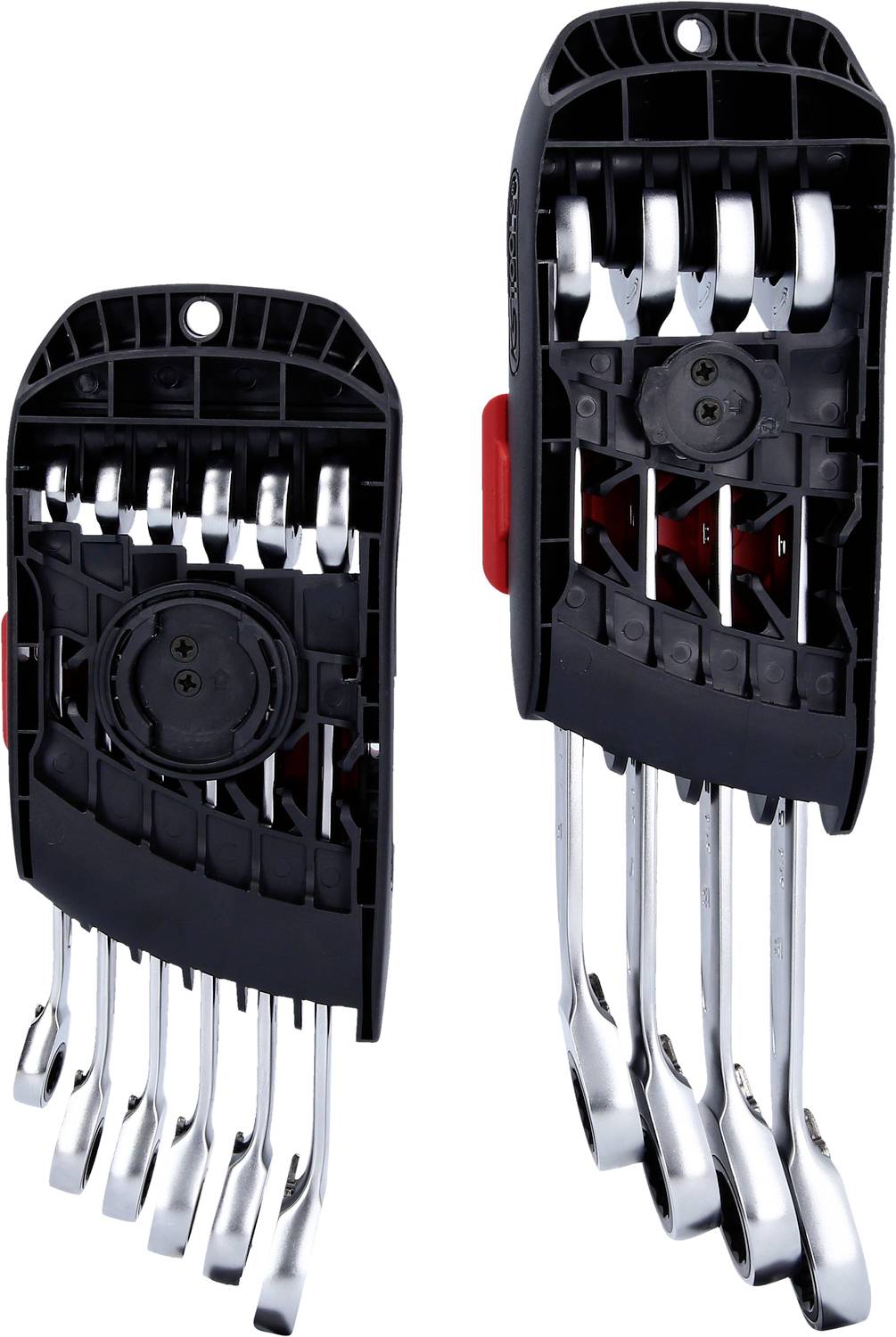 Un ensemble de clés polygonales dans un support noir compact. Le support comporte un système de verrouillage rouge et sert à ranger les outils de manière organisée.