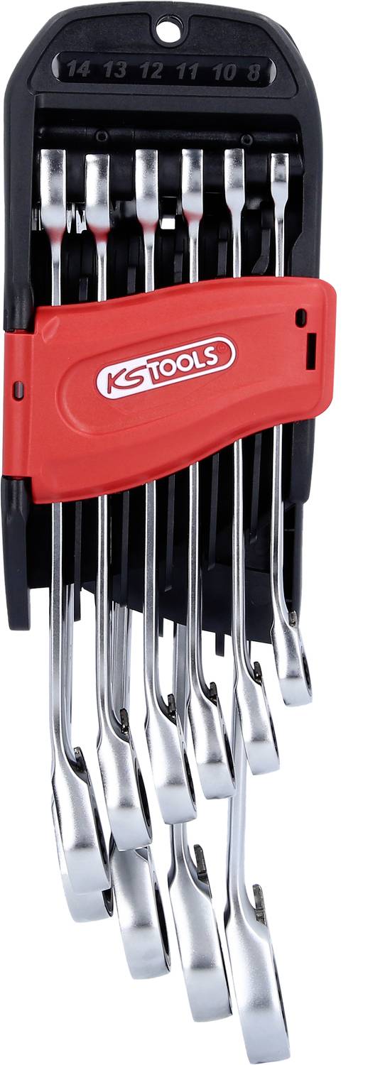 Un ensemble de six clés polygonales doubles à différentes tailles, présenté dans un support noir avec un logo rouge.