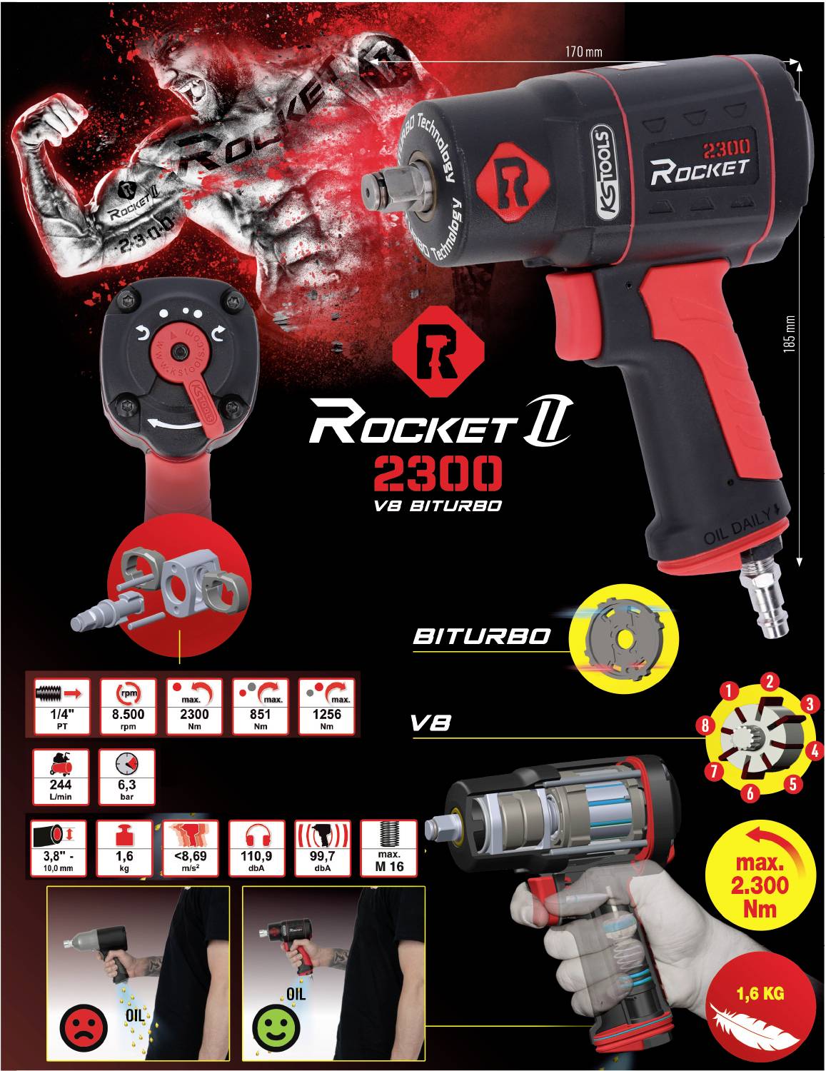 Hélicoptère de frappe aérienne 'Rocket II 2300' présenté, avec détails techniques : couple maximal de 2 300 Nm, poids de 1,6 kg, système V8 Biturbo.
