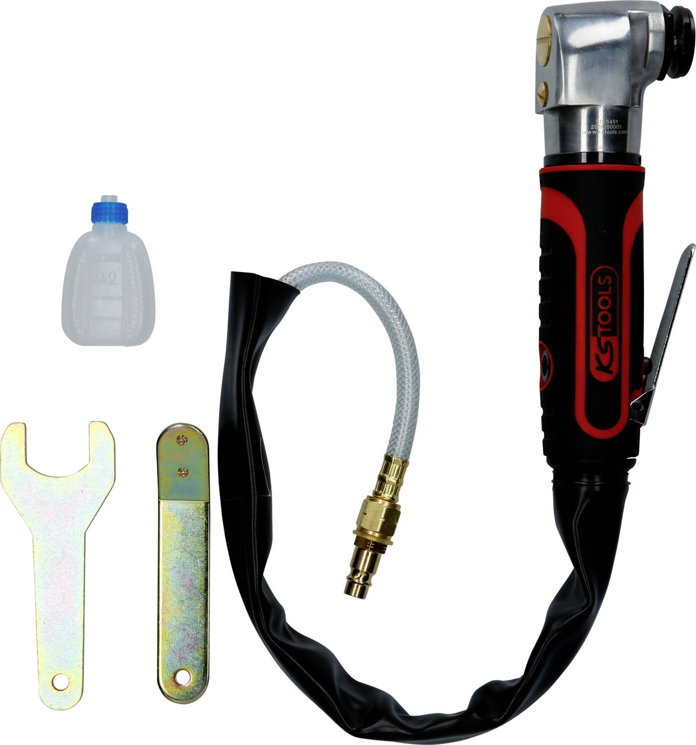 Un meuleuse d'angle pneumatique avec accessoires : bouteille d'huile, clé à molette et support. Adapté pour les travaux en atelier automobile.