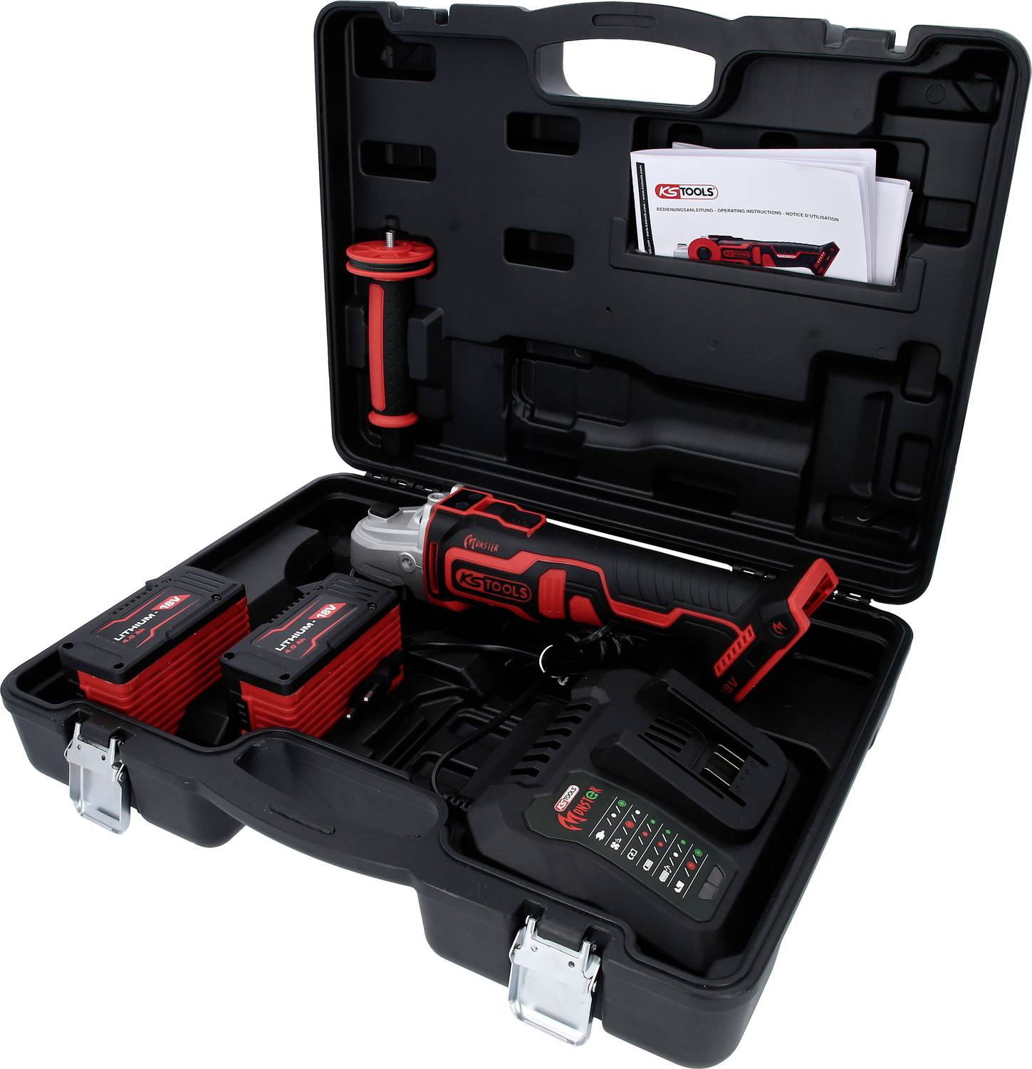 Mallette à outils comprenant un visseuse à choc sans fil, deux batteries, un chargeur et des éléments de commande. Valise ouverte pour visualiser son contenu.