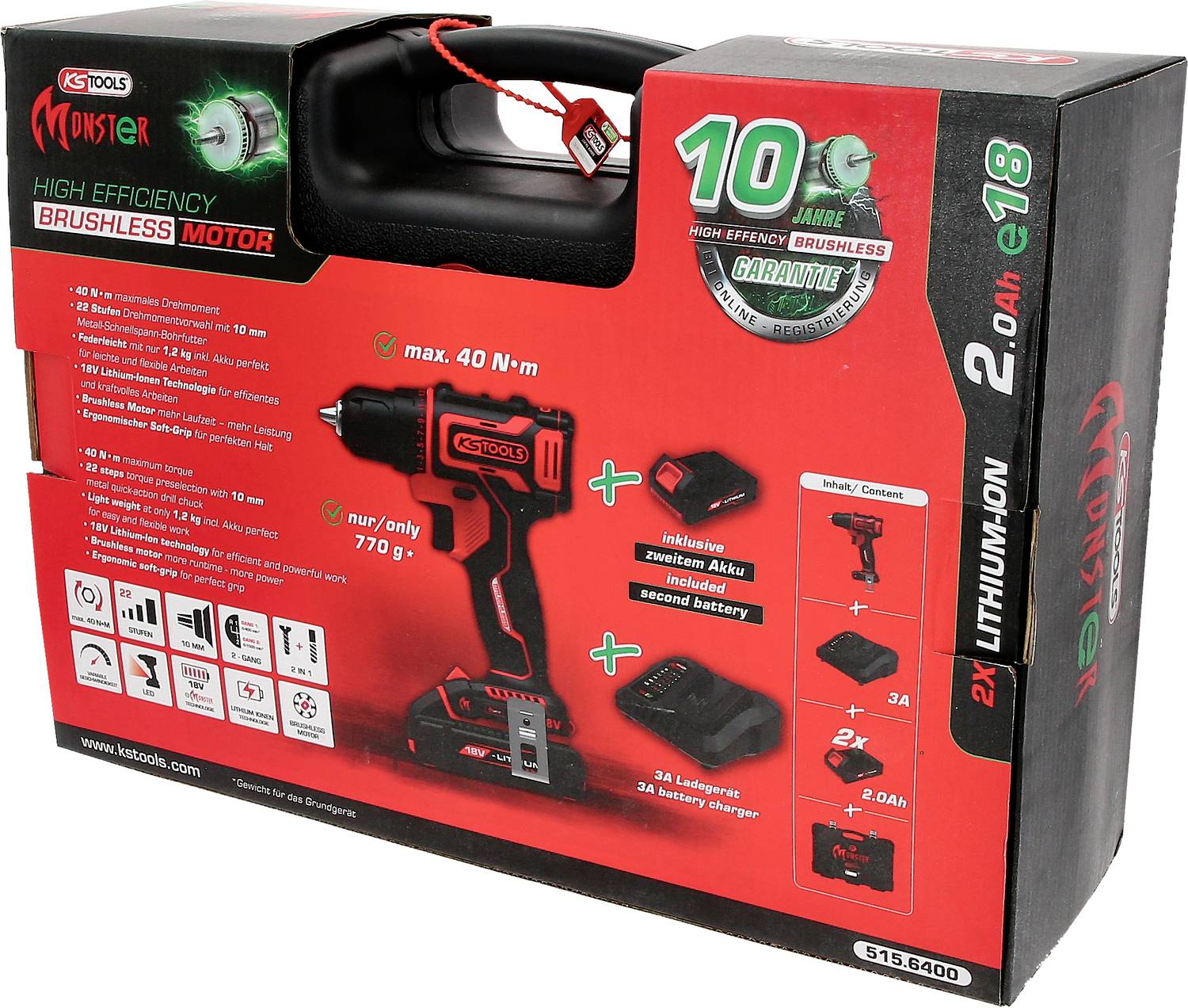 Emballage de coffret de visseuse sans fil avec image de l'appareil et spécifications. Contient des informations sur les performances, la capacité de la batterie et les mentions de garantie.