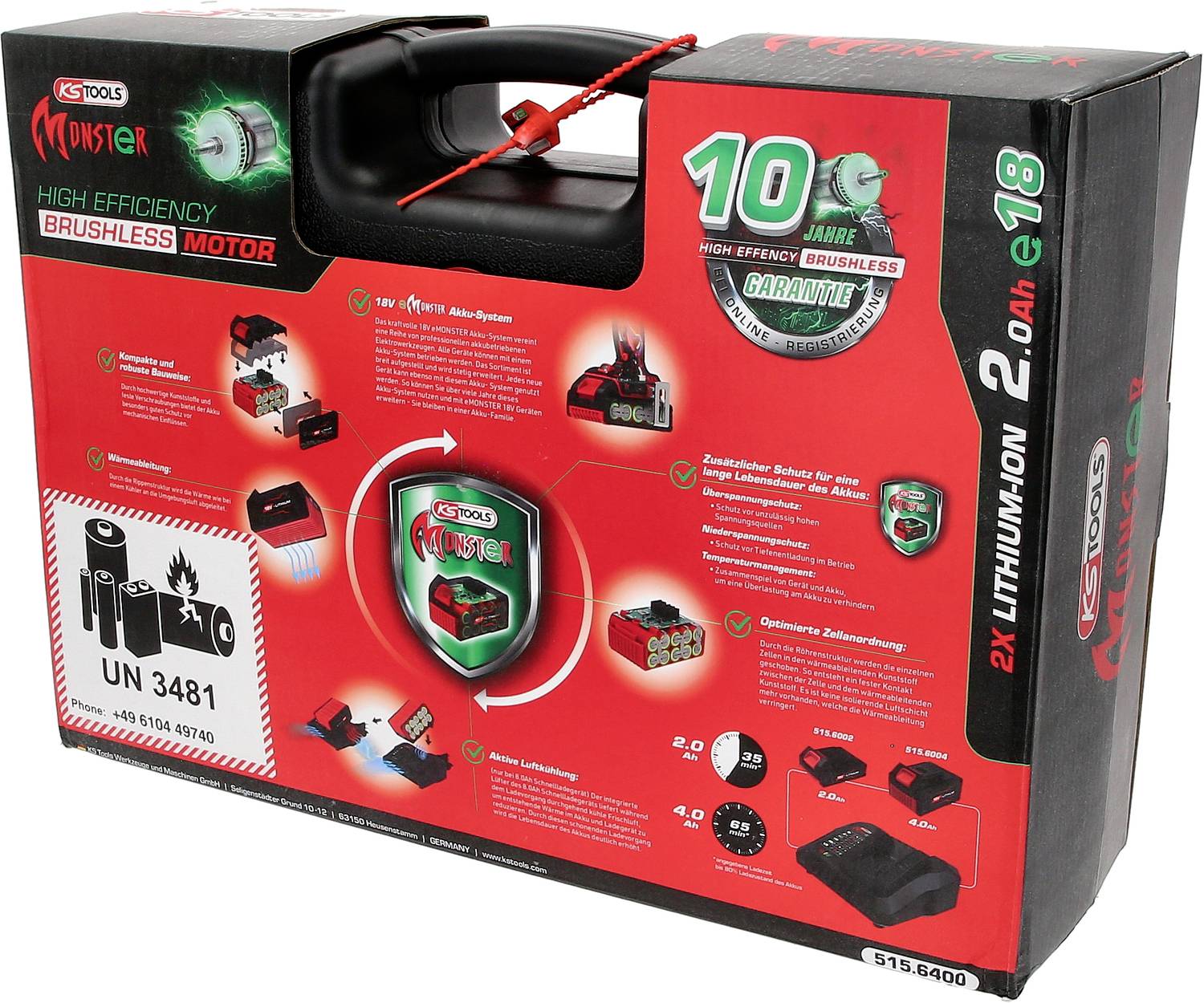 Emballage du 'KS Tools Monster' avec un ensemble de forets, garantie de 10 ans, présentation des domaines d'application, moteur sans balais et batteries lithium-ion 2Ah.