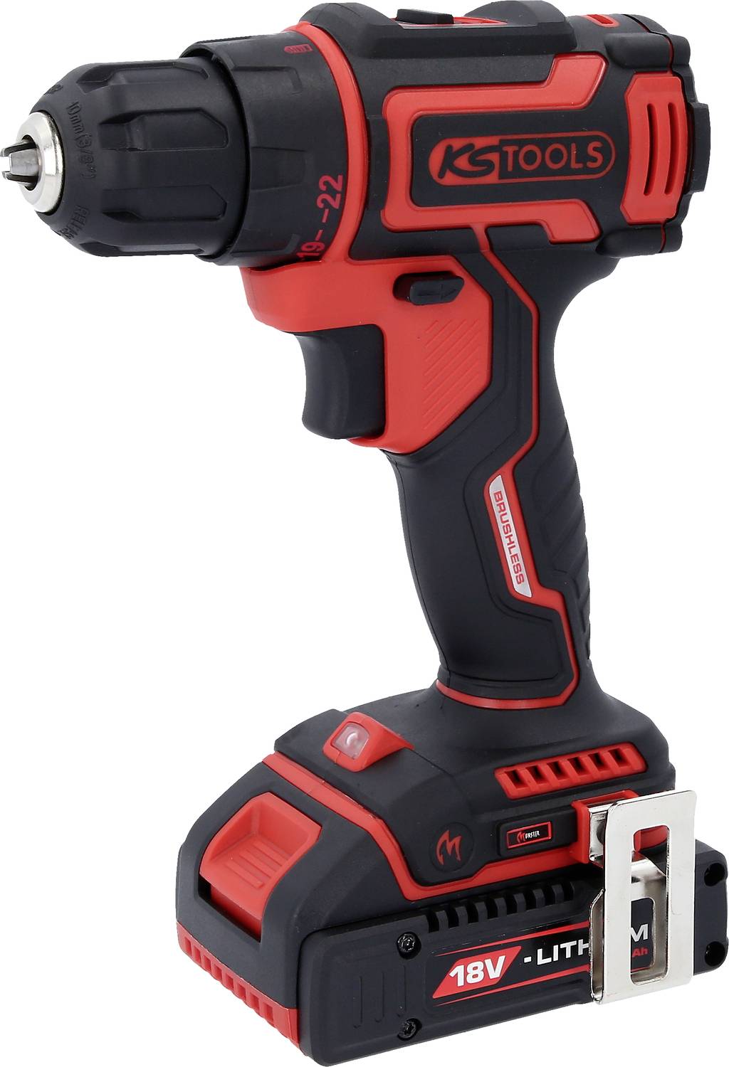 Un tournevis-perceuse sans fil rouge et noir de 18V, de conception compacte et à poignée ergonomique.