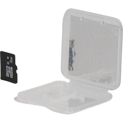 Une carte MicroSD de 2 Go flotte à côté d'un étui transparent en plastique au couvercle ouvert.