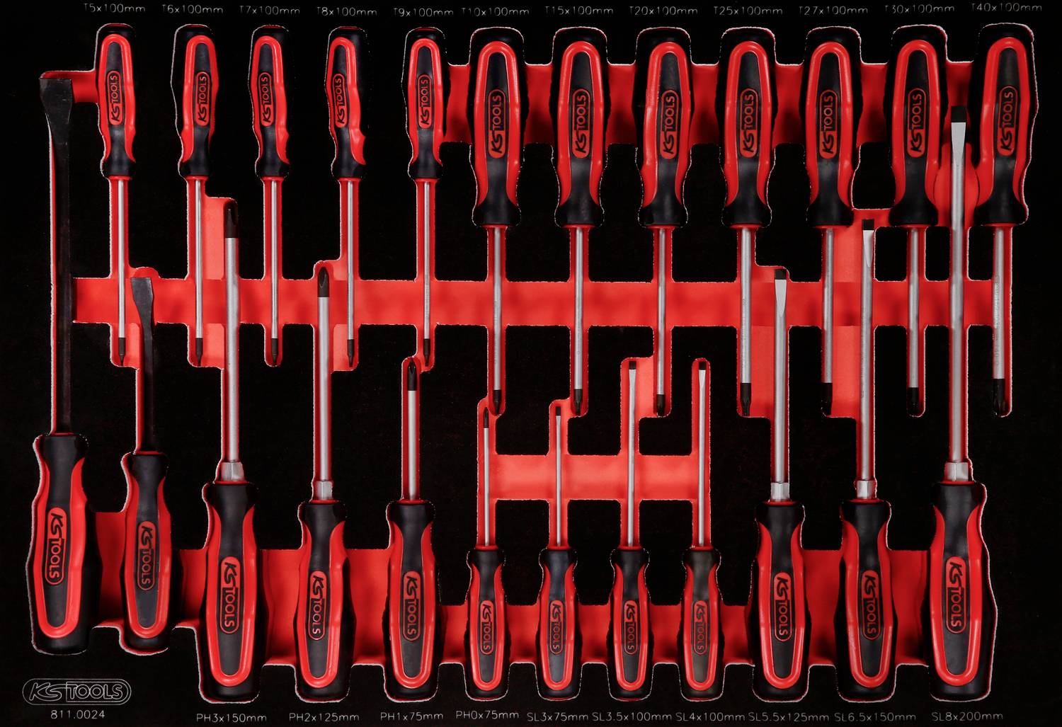 Ensemble de tournevis à différentes tailles, soigneusement disposés dans un insert en mousse noir avec un fond souligné de rouge.