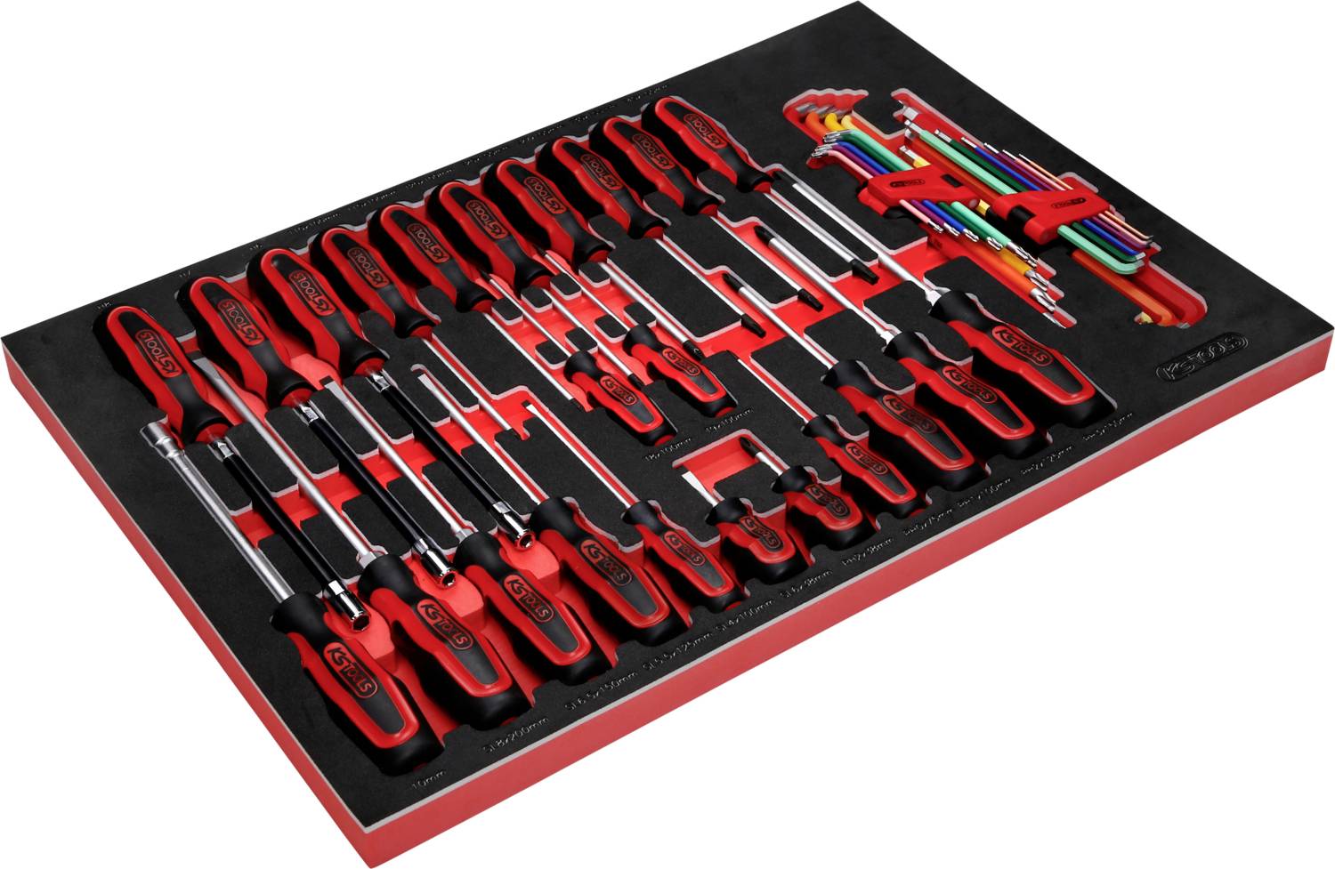Coffret d'outils comprenant des tournevis rouges et noirs ainsi que des clés Allen colorées, logés dans une mousse de protection.