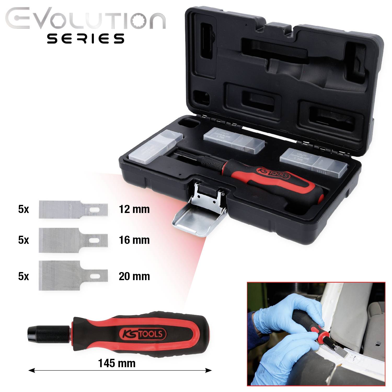 Ensemble d'outils dans un coffret noir avec un tournevis rouge. Comprend trois lames : 12 mm, 16 mm et 20 mm. Outil en cours d'utilisation.