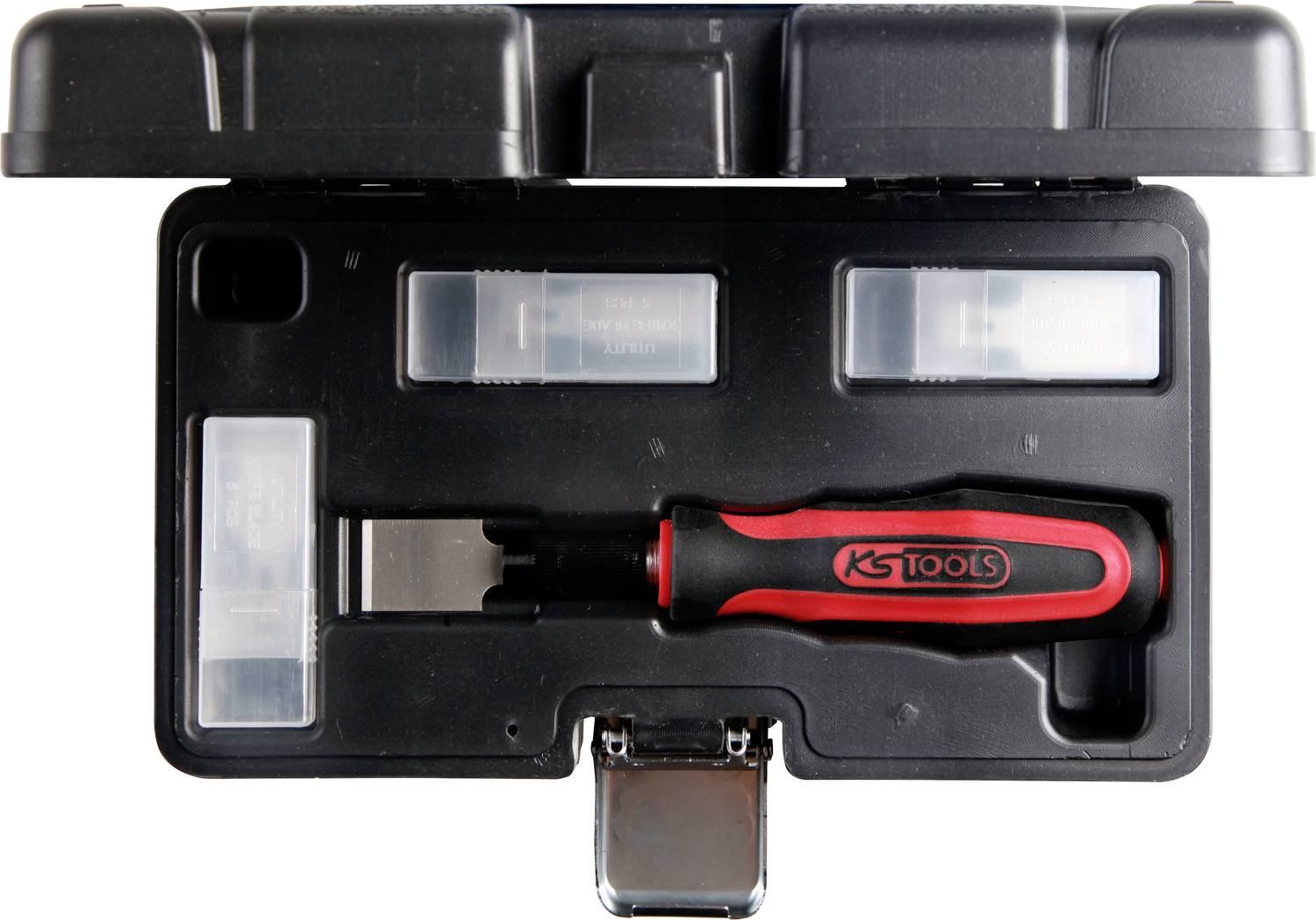 Une boîte à outils ouverte contenant un tournevis rouge et noir de la marque 'KS Tools', ainsi que plusieurs compartiments de rangement.