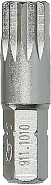 Un embout de tournevis en argent de forme cylindrique, adapté aux vis à entraînement polygonal spécifiques.