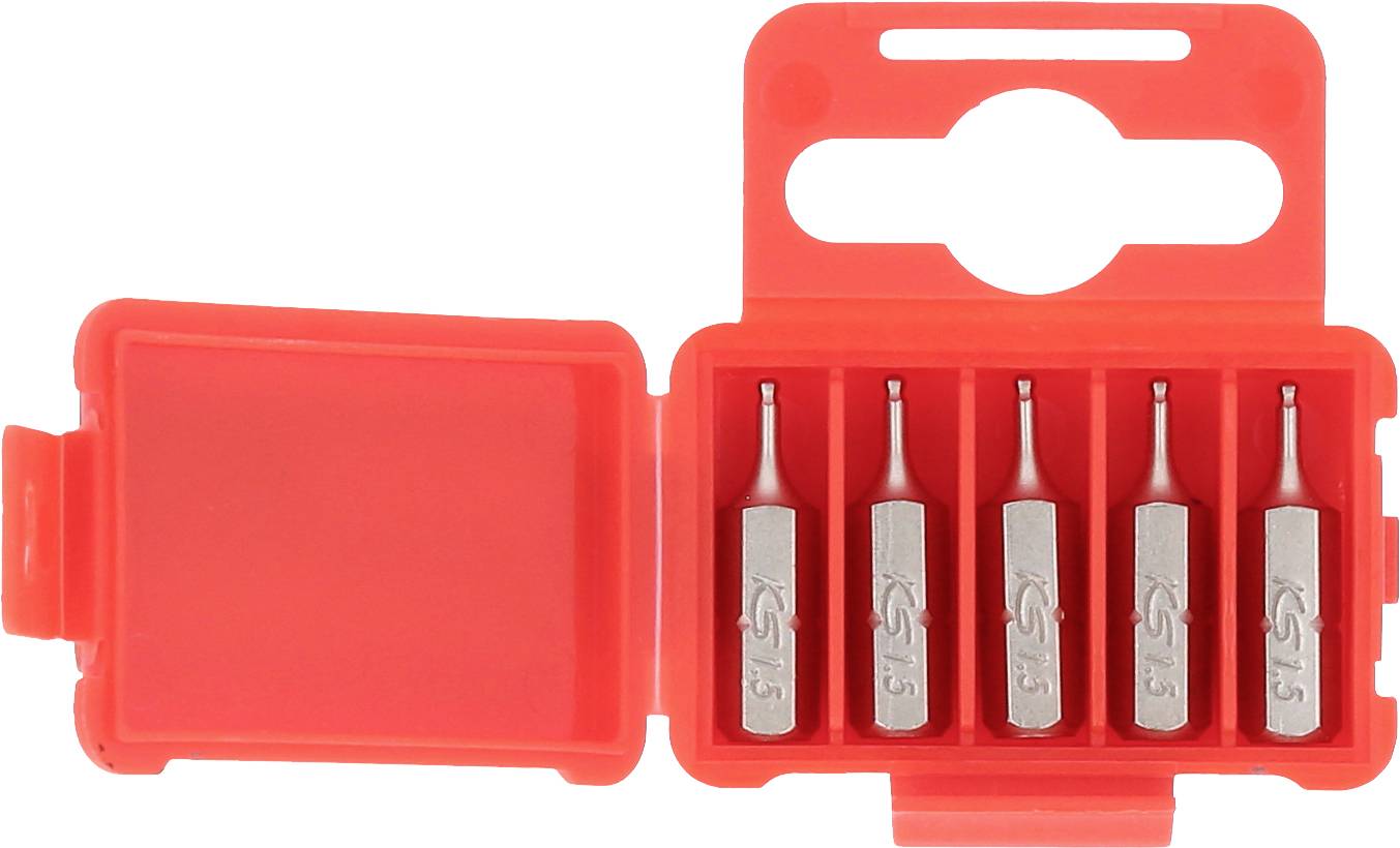 Un étui en plastique rouge contenant cinq embouts hexagonaux disposés en ligne.
