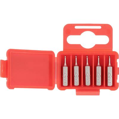 Un étui en plastique rouge contenant cinq embouts hexagonaux disposés en ligne.
