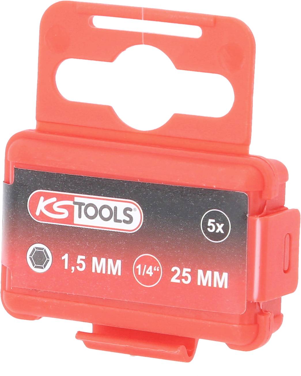 Emballage rouge d'un outil de KS Tools portant l'inscription '1,5 MM, 1/4", 25 MM' et le symbole d'une clé Allen.