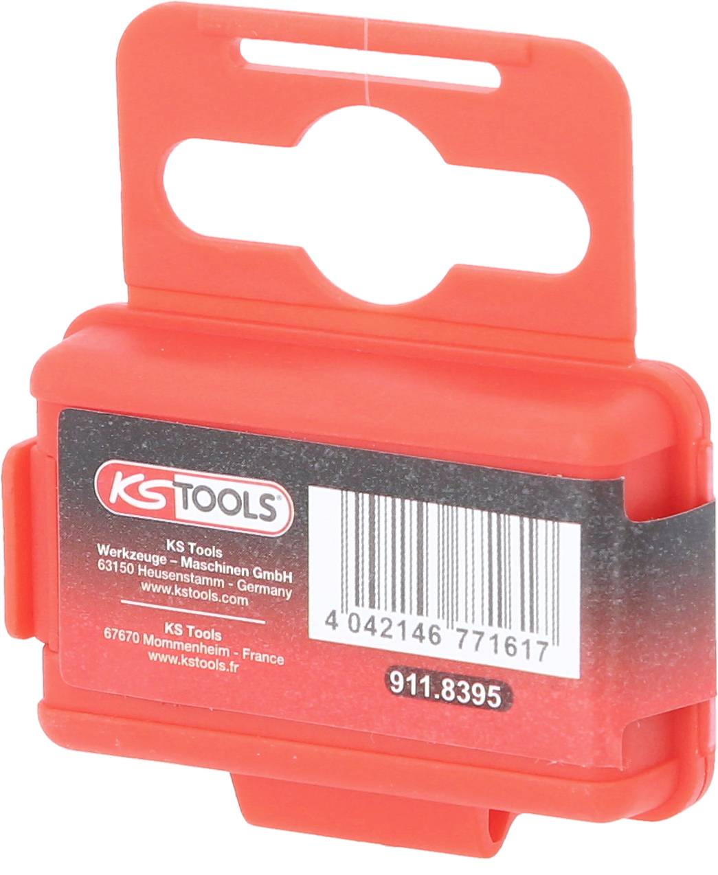 Pince en plastique rouge de KS Tools avec identification du produit et code-barres, utilisée pour fixer ou organiser des outils.