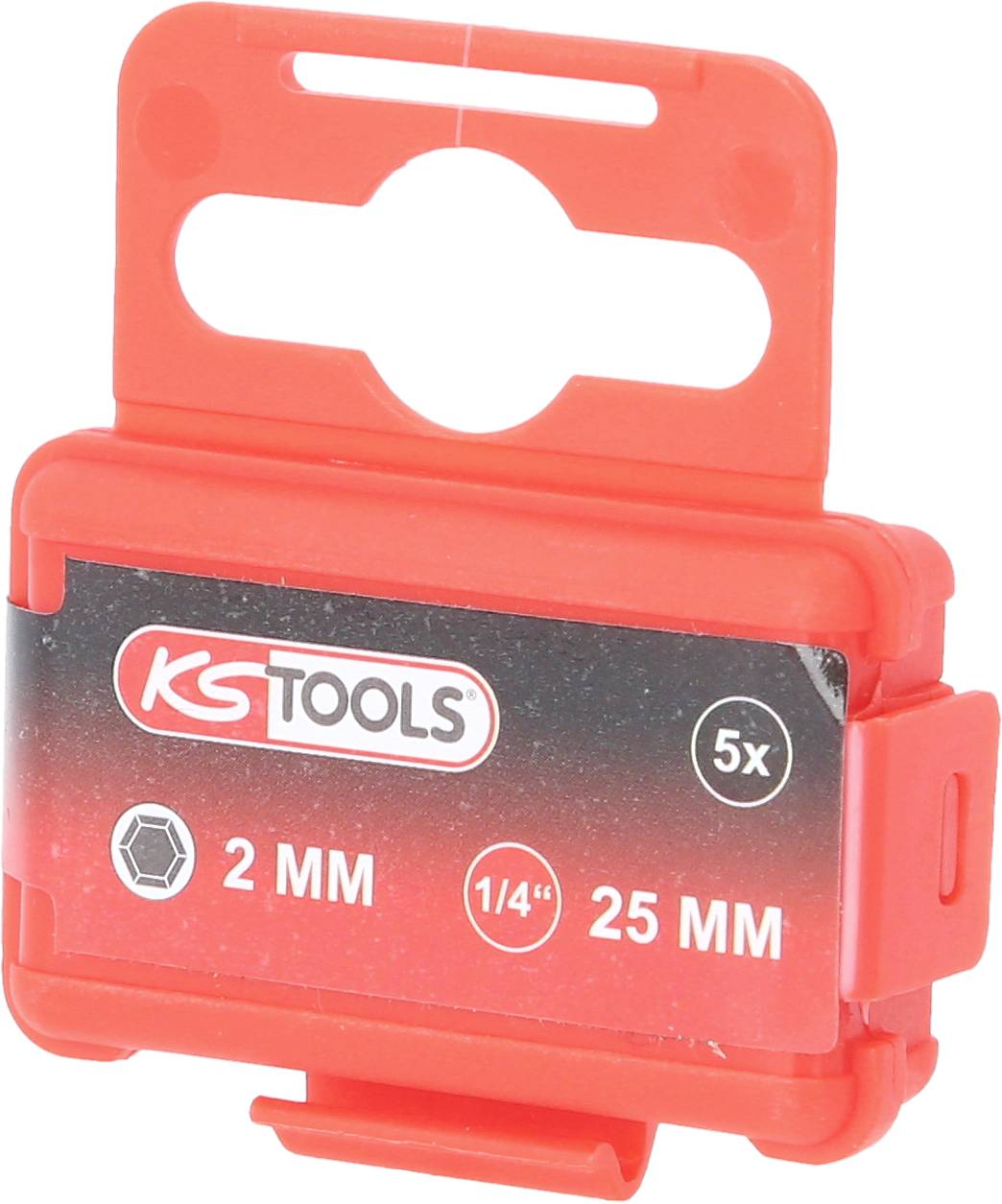 Un étui en plastique rouge de 'KS Tools', adapté pour le rangement des outils. Contient 5 supports avec des embouts de 2 MM et 1/4 de pouce, de 25 MM de long.