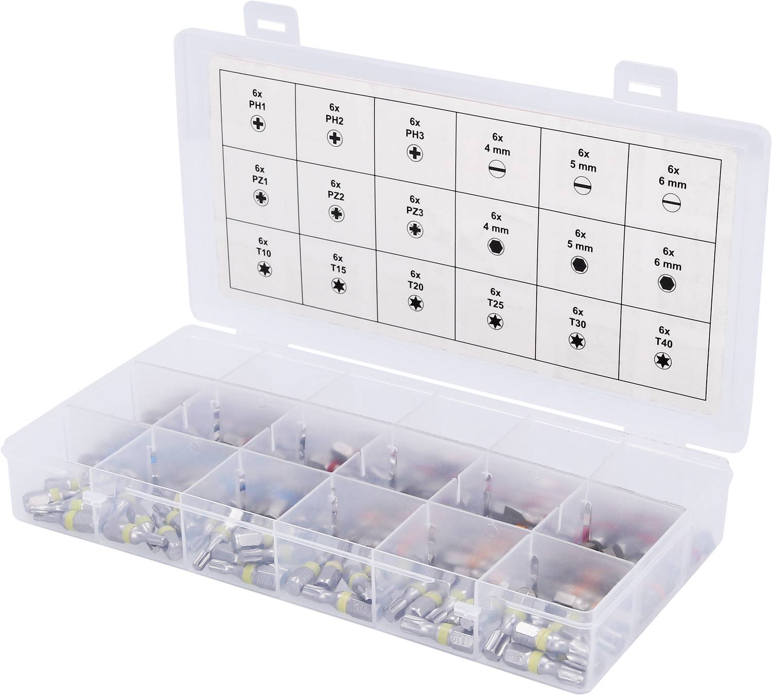Une valise en plastique ouverte contenant différents embouts rangés dans des compartiments. Un diagramme à l'intérieur du couvercle indique le nombre et les types d'embouts, par exemple '6x PH1'.