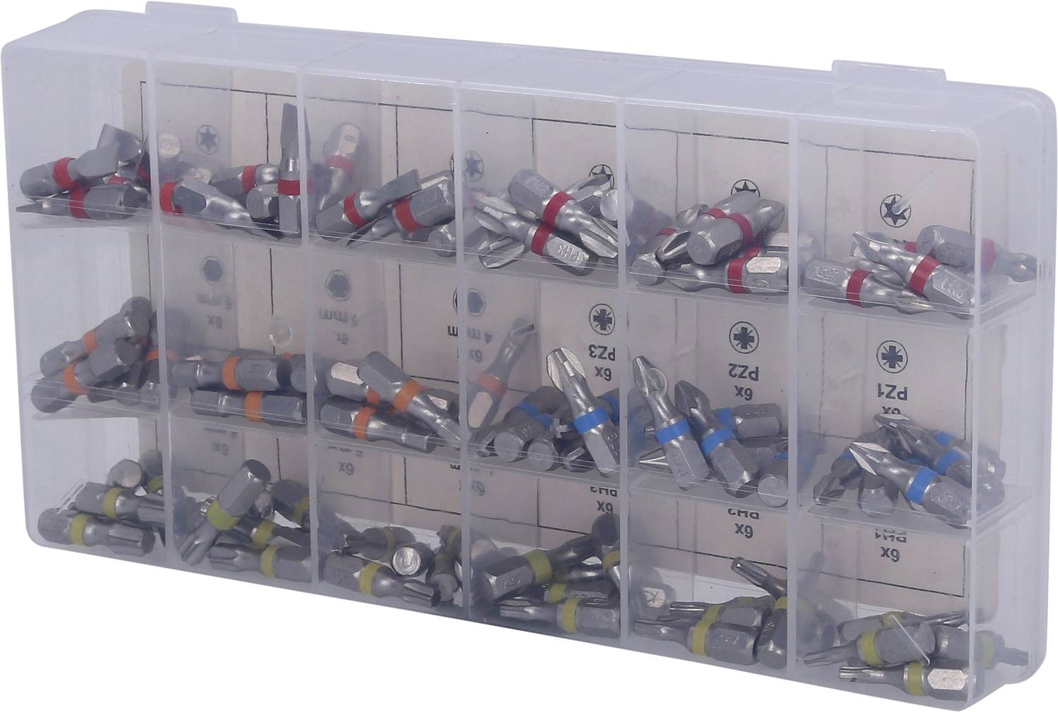 Une boîte transparente en plastique contient divers embouts de vis, organisés dans des compartiments séparés.