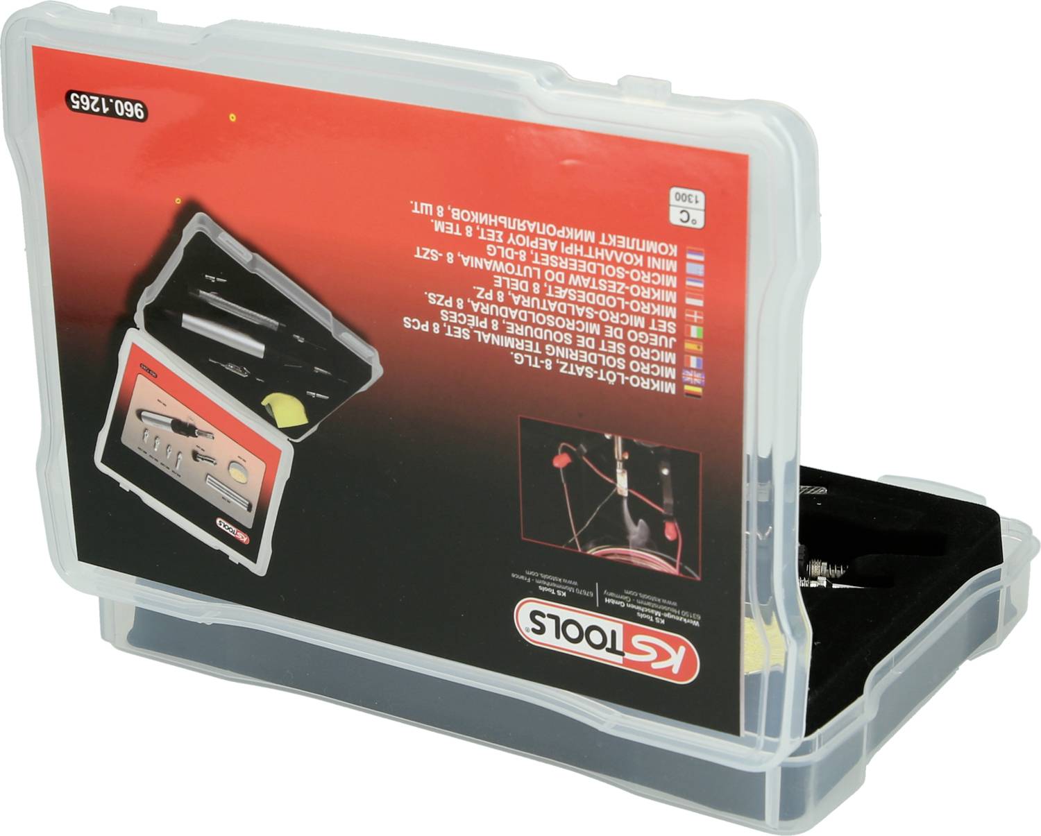 Une mallette transparente en plastique contenant un ensemble d'outils, comprenant divers tournevis de précision et accessoires, illustrée sur l'emballage.