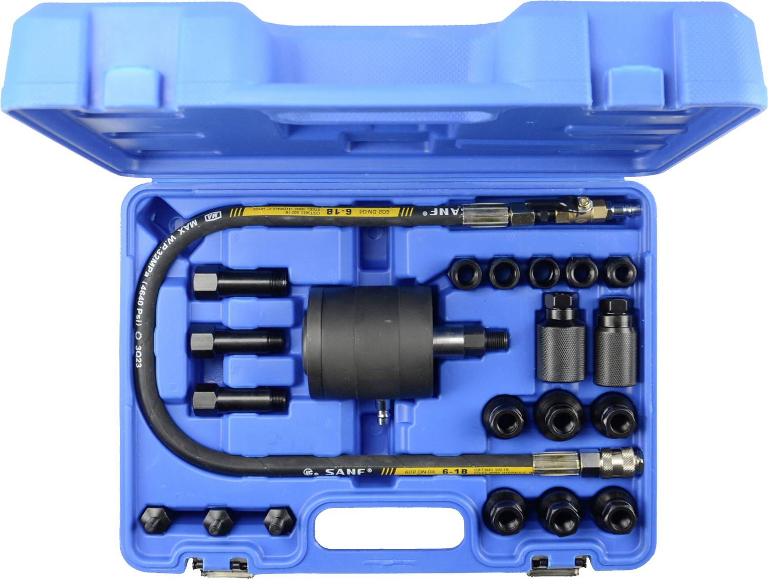 Un coffret à outils bleu contenant un jeu d'extracteurs hydrauliques composé de différents embouts et tuyaux.