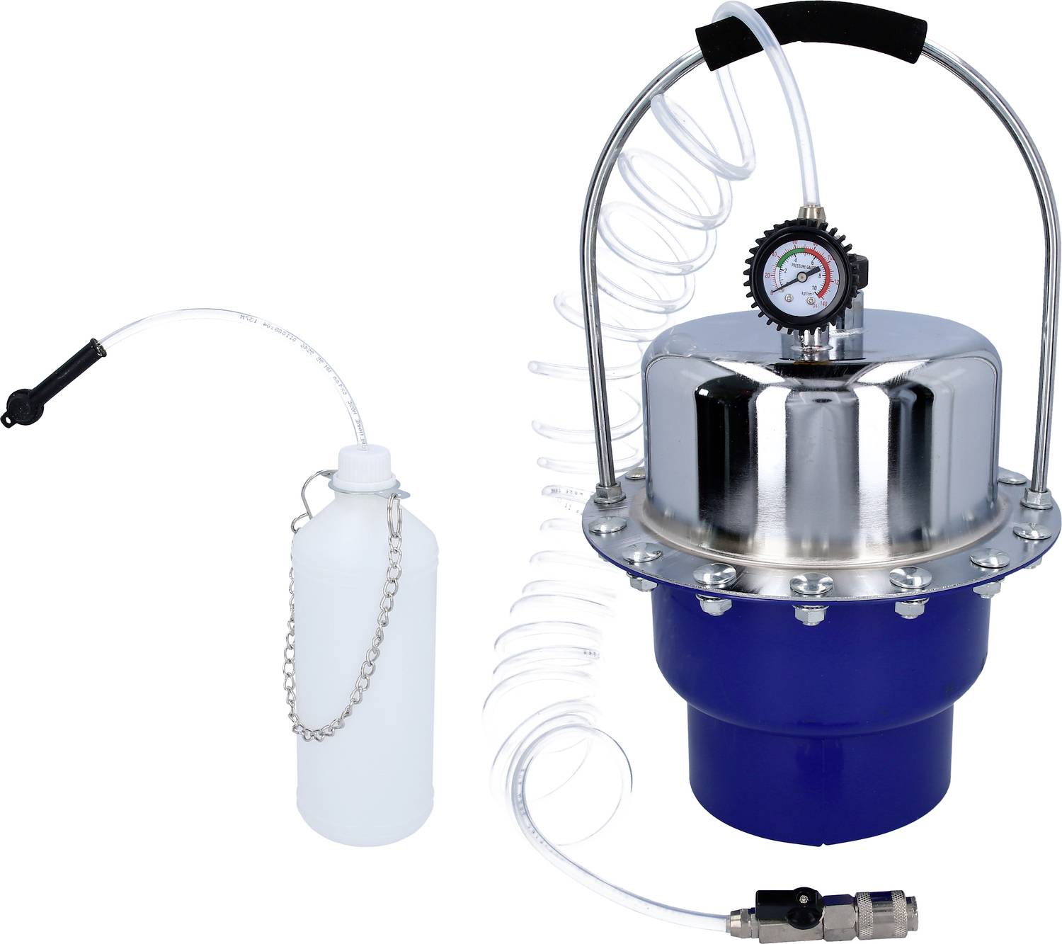 Un appareil de purge avec manomètre pour purger le liquide de frein, à côté d'une bouteille blanche avec un tuyau et un bouchon.