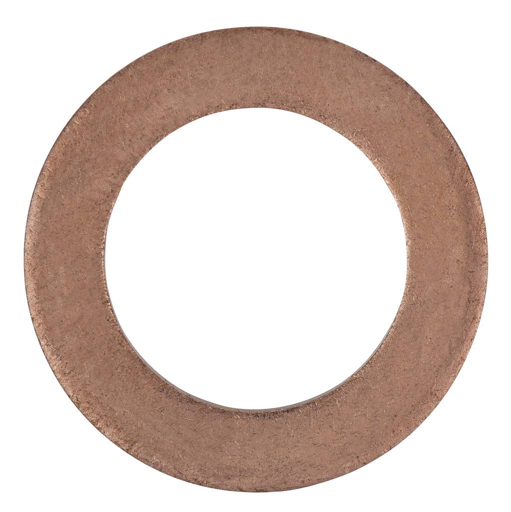 Un anneau de cuivre plat et rond avec un grand trou au centre. L'anneau a une texture rugueuse.