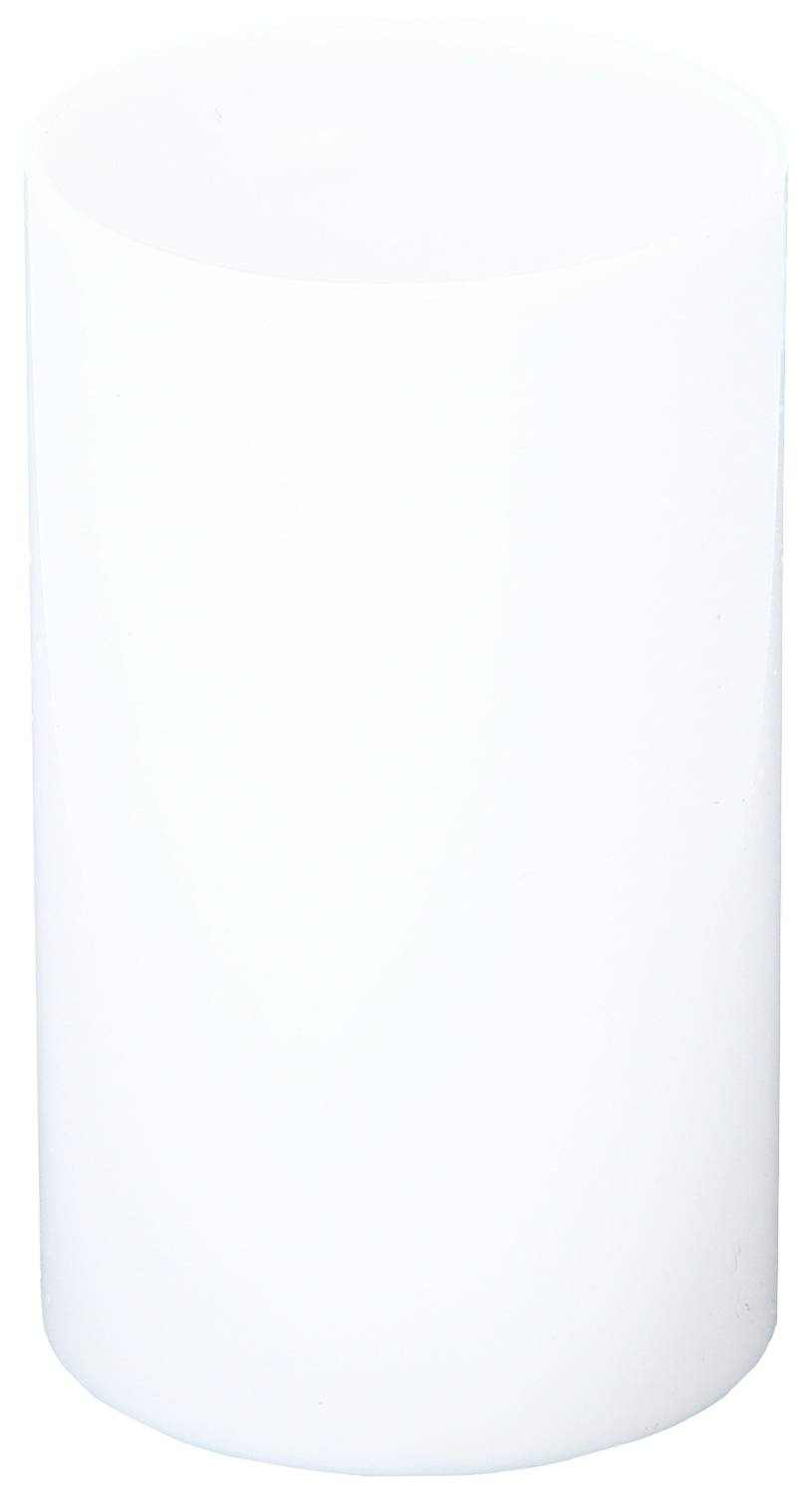Un objet blanc cylindrique, probablement une bougie ou un récipient, sur un fond neutre.