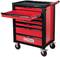 'Chariot à outils rouge avec cinq tiroirs et tiroir supérieur déployé, monté sur roulettes, avec le logo de KS Tools.'