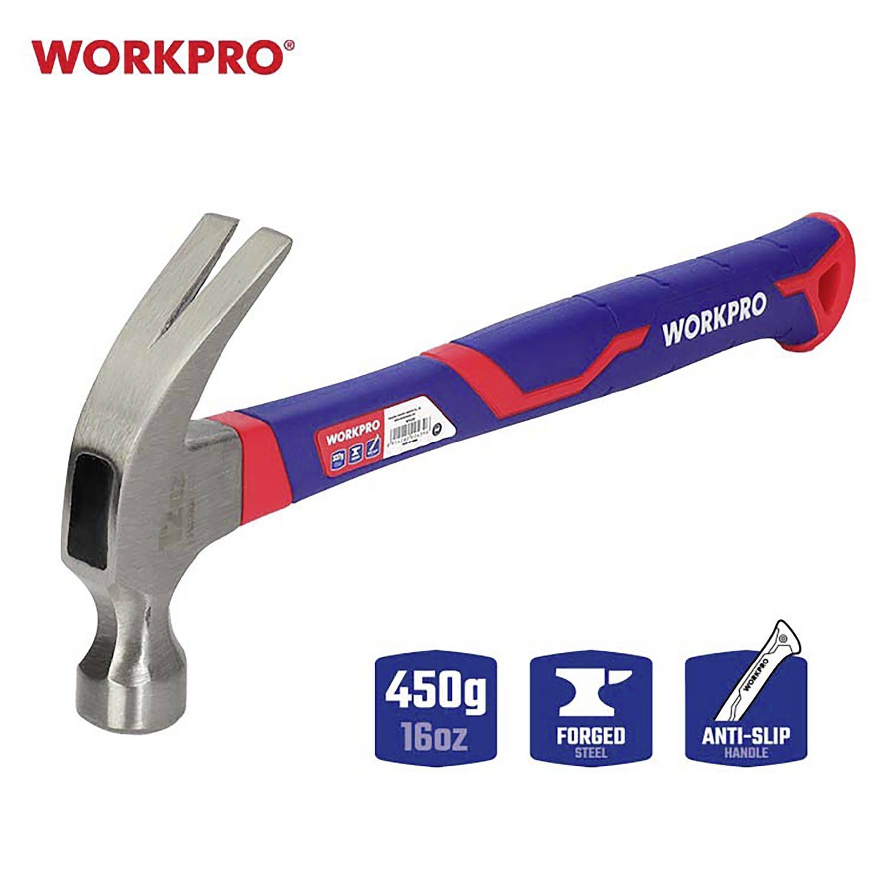 Marteau WORKPRO à poignée ergonomique antidérapante et tête en acier forgé, poids de 450g (16oz), idéal pour les bricoleurs.