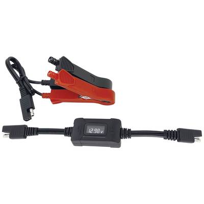 Câble de batterie noir avec affichage numérique indiquant 12,98 volts. Deux bornes, l'une rouge, l'autre noire, sont connectées.