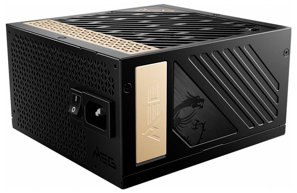 Un bloc d'alimentation noir pour ordinateur avec une bande dorée et un motif de dragon. Il présente un interrupteur et une prise d'alimentation.