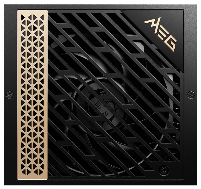 Bloc d'alimentation MEG noir et or avec design en grille. Un ventilateur est visible. Logo de la marque dans le coin supérieur.